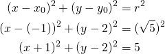 Rendered by QuickLaTeX.com \begin{align*}(x-x_0)^2+(y-y_0)^2&=r^2\\(x-(-1))^2+(y-2)^2&=(\sqrt{5})^2\\(x+1)^2+(y-2)^2&=5\end{align*}
