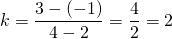 k=\dfrac{3-(-1)}{4-2}=\dfrac{4}{2}=2
