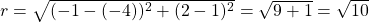 r=\sqrt{(-1-(-4))^2+(2-1)^2}=\sqrt{9+1}=\sqrt{10}