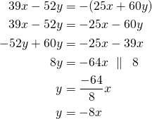 Rendered by QuickLaTeX.com \begin{align*} 39 x -52y &=-(25 x +60y) \\ 39 x -52y &=-25 x -60y \\ -52y+60y&=-25x-39x\\8y&=-64x\ \parallel\ \:8\\y&=\frac{-64}{8}x\\y&=-8x\end{align*}