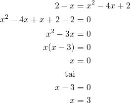 \begin{align*}2-x&=x^2-4x+2 \\x^2-4x+x+2-2&=0\\x^2-3x&=0\\x(x-3)&=0\\x&=0\\\text{tai}\\x-3&=0\\x&=3\end{align*}