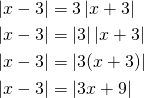 \begin{align*}\left|x-3\right| &=3 \left|x+3\right|\\ \left|x-3\right| &=\left|3\right| \left|x+3\right|\\   \left|x-3\right| &=\left|3(x+3)\right|\\     \left|x-3\right| &=\left|3x+9\right|\end{align*}