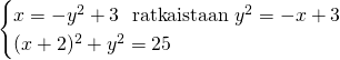 \[\begin{cases}x=-y^2+3\ \ \text{ratkaistaan}\ y^2=-x+3\\(x+2)^2+y^2=25\end{cases}\]