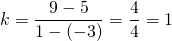 k=\dfrac{9-5}{1-(-3)}=\dfrac{4}{4}=1