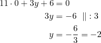 \begin{align*}11 \cdot 0 +3y+6&=0\\3y&=-6\ \parallel\ :3\\y&=-\frac{6}{3}=-2\end{align*}