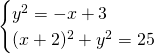 \[\begin{cases} y^2=-x+3\\(x+2)^2+y^2=25\end{cases}\]