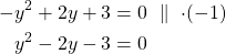 \begin{align*}-y^2+2y+3 &=0\ \parallel\ \cdot (-1)\\y^2-2y-3&=0\end{align*}