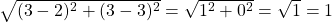 \sqrt{(3-2)^2+(3-3)^2}=\sqrt{1^2+0^2}=\sqrt{1}=1