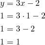 \begin{align*}y&=3x-2\\1&=3 \cdot 1 -2\\1&=3-2\\1&=1\end{align*}