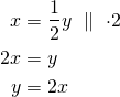 \begin{align*} x&=\dfrac{1}{2}y \ \parallel\ \cdot 2\\2x&=y\\y&=2x\end{align*}