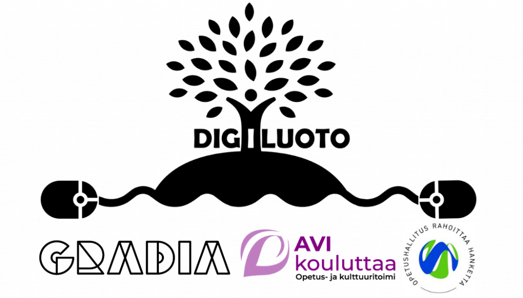 Digiluoto -hankkeen logo, Gradian logo, Aluehallintoviraston logo ja Opetushallituksen logo