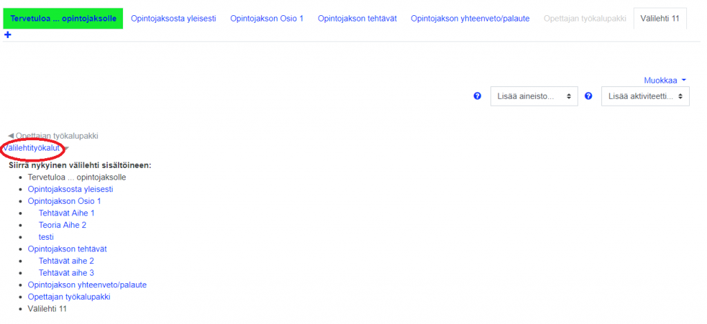 Siirrävälilehdet välilehtityökalulla