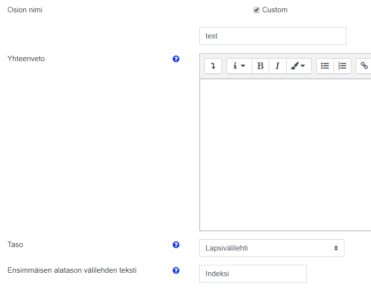 Välilehden tietojen määritys