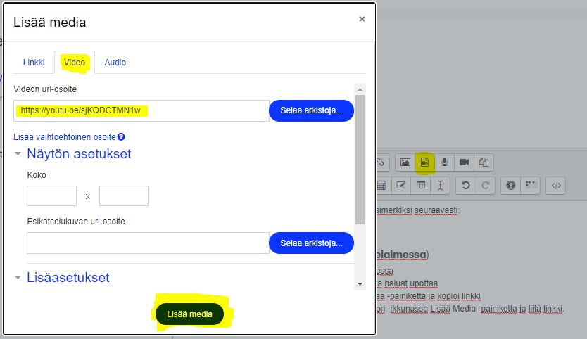 Youtube linkin lisääminen mediatiedostona