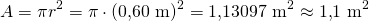 \[A=\pi r^2=\pi \cdot (0{,}60\ \text{m} )^2=1{,}13097\ \text{m}^2 \approx 1{,}1\ \text{m}^2\]