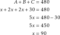 \begin{align*} A + B + C &= 480 \\ x + 2x + 2x + 30 &= 480 \\ 5x &= 480 - 30 \\ 5x &= 450 \\ x &= 90 \end{align*}